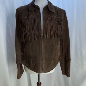 Vintage Y2K MUDD Jeans brown leather fringe jacket Sz L studded